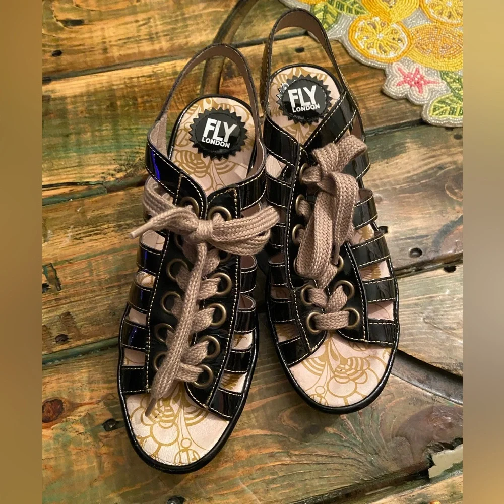 FLY London Multi-strap Lace Up Wedge Black Patent Yito Sandals - Picture 3 of 11